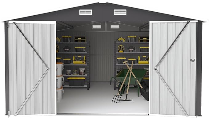 YOPTO 10x14 FT Outdoor Storage Shed, Extra Large Metal Garden Shed with Waterproof Roof, 4 Vents and 3 Lockable Doors,All-Weather Tool Shed Storage House for Backyard, Patio, Lawn,Dark Grey
