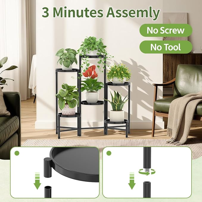 LASZOLA 6 Tier Large Plant Stand Indoor Tall with Grow Lights, Corner Folding Flower Display Rack with 10 Inch Metal Tray, Modern Plant Holder Shelf for Outdoor Patio Porch Garden Living Room, Black
