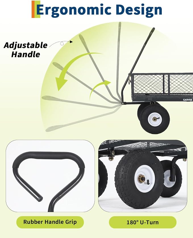 Garvee Versatile Outdoor Utility Cart - 800LBS Heavy-Duty, 10" All-Terrain Pneumatic Tires, Easy Maneuverable Lawn Cart with Removable Mesh Panels for Gardening & Landscaping, Grey