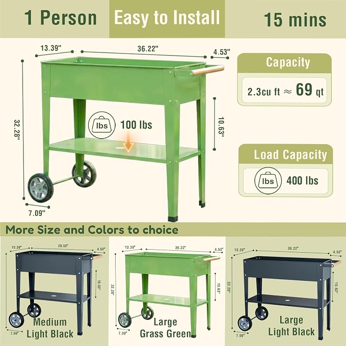 Raised Garden Bed Outdoor with Wheels, Leg and Wooden Handle, 36.2x13.4x32.3in, 400lb Cap, Metal Elevated Raised Planter Box for Herb, Vegetable, Perfect for Backyard, Balcony, Grass Green