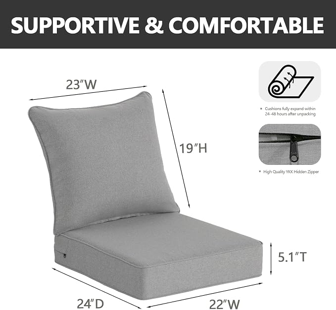 Goodgoods 22x24 inch Outdoor/Indoor Deep Seat Patio Cushions Set of 2 Resilient Foam Filling Water-Proof Stain-Resistant UV Resistant Weather Resistant Deep Seat Bottom Light Gray