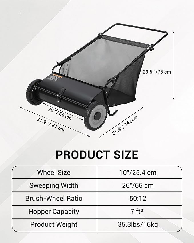 26-Inch Extra-Wide Push Lawn Sweeper with 4-Brush System,7 Cu.ft. Heavy-Duty Mesh Bag Collector, Height-Adjustable Manual Push Sweeper for Leaves, Grass Clippings & Yard Debris, Durable Steel Frame