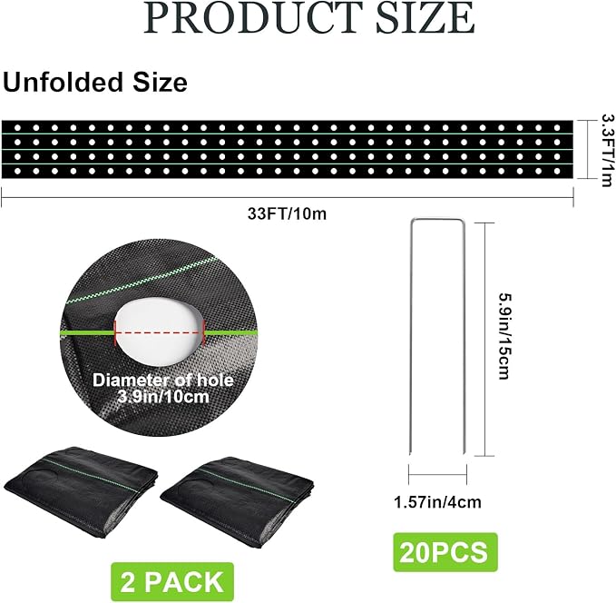 2PCS Weed Barrier Landscape Fabric, 33 x 3.3 Ft Garden Weed Barrier Fabric Heavy Duty with Planting Holes, Ground Cover Weed Barrier Weed Cloth with 20 U-Shaped Ground Nail for Weed Control
