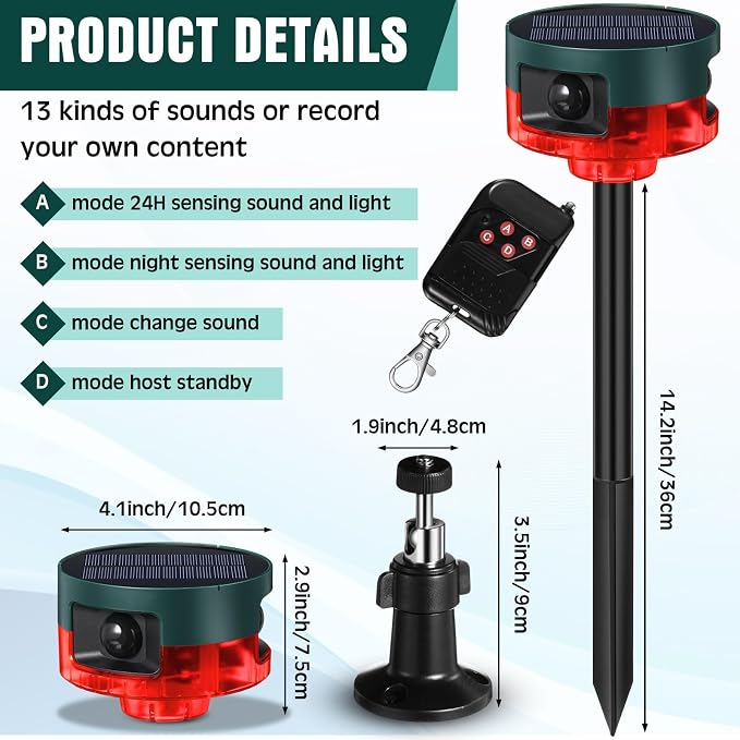 Qualirey 6 Pack Solar Outdoor Motion Sensor Alarm-Dog Barking&Gunshot Sound Support Recording Animal Deterrent for Home Security, 13 Kinds of Sounds (Red)