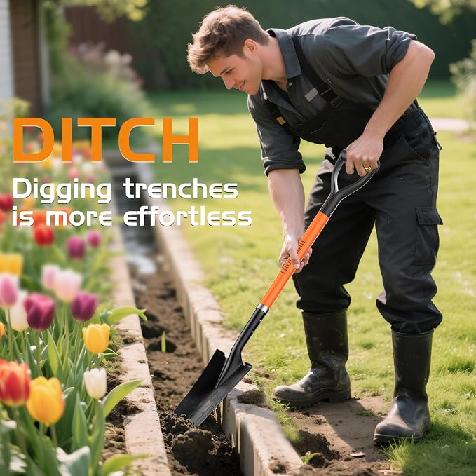 HIGHLIGHT Spade Shovel, 45-Inch Heavy Duty Sharp Shooter Shovel for Digging, Gardening, Planting, Trenching, Drain and Transplanting, Fiberglass D-Grip Handle, Orange