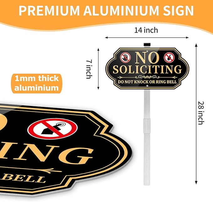 No Soliciting Sign for House, No Soliciting Yard Signs for Front Door Home, Aluminum Metal No Solicitation Sign 14 x 7 inches, with 28 inches Stake, Do Not Knock or Ring Bell
