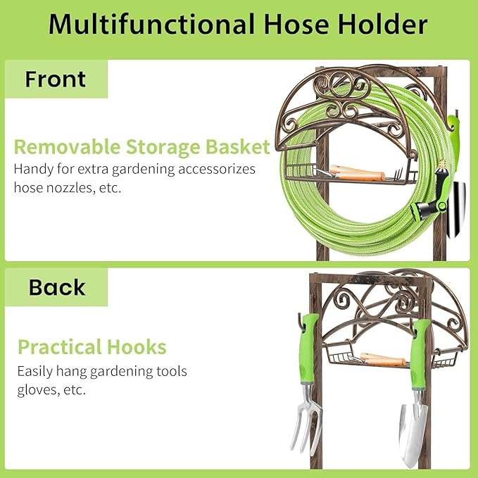 TomCare Garden Hose Holder Upgraded Detachable Water Hose Holder Thick Metal Hose Hanger Heavy Duty Free Standing Garden Hose Storage Hose Stand Decorative Hose Organizer for Outside, Bronze