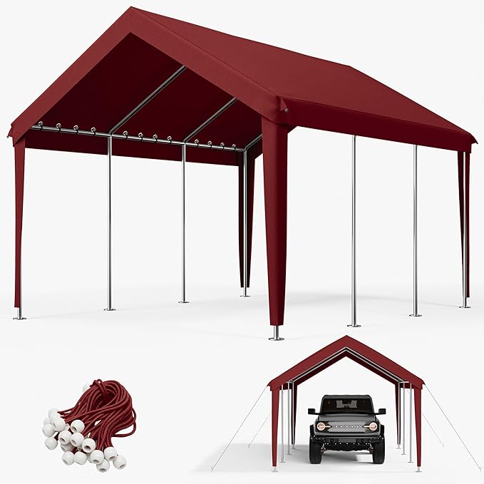 10 x 20 Ft Carport Replacement Cover, Heavy Duty Outdoor Car Tarp Canopy, Waterproof & UV Protected Tear Oxford Tarp with Ball Bungees (Frame is Not Included)
