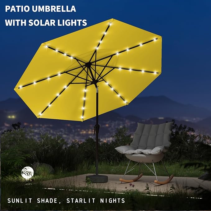 9FT Patio Umbrella with Solar Lights,Outdoor Market Umbrella with Tilt and Crank, LED Lighted Table Umbrella for Garden,Deck,Backyard,Pool,Beach