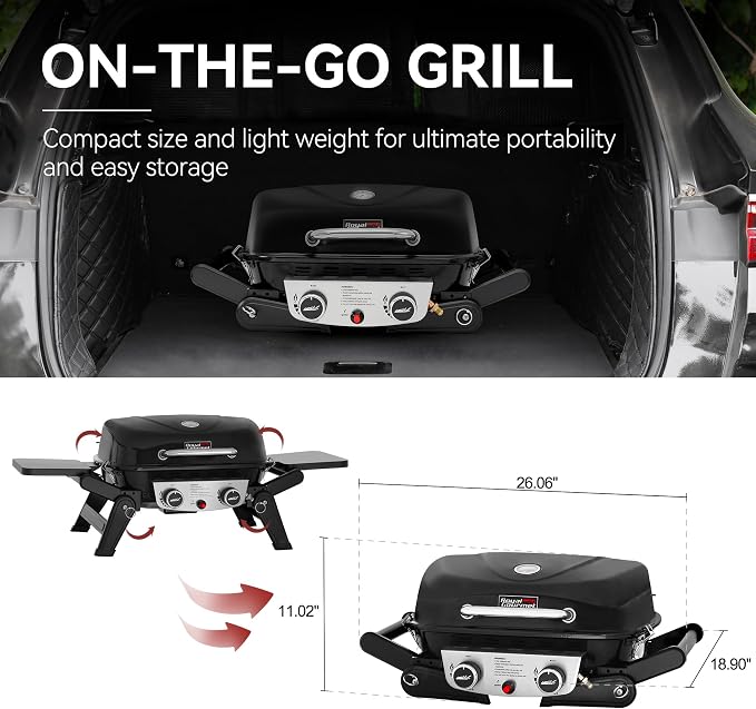 Royal Gourmet GT2005 2 Burner Portable Propane Gas Grill with Foldable Side Tables & Foldable Support Legs, Tabletop Gas Grill with Warming Rack for Outdoor Cooking & Grilling, Black