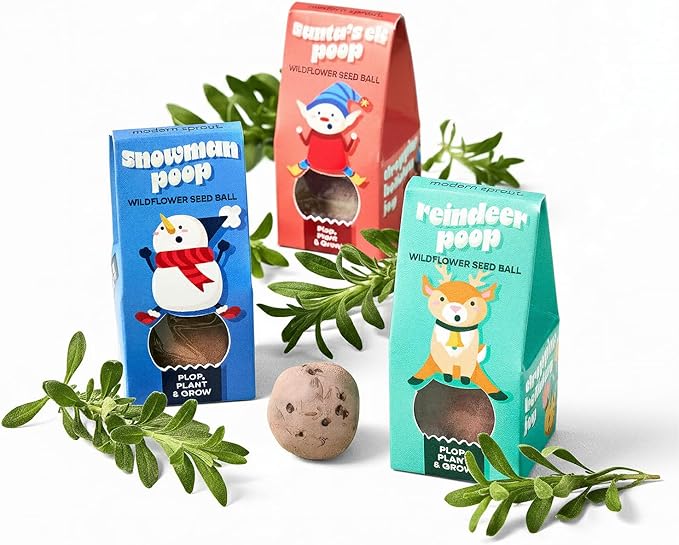 Modern Sprout Wildflower Seed Ball Poop - Eco-Friendly Gift - Non-GMO Hand-Rolled Clay Seed Bombs with Wildflower Seeds - Plop Plant & Grow Gardening Gift Set for All Occasions (Jingle Plop-Pack of 3)