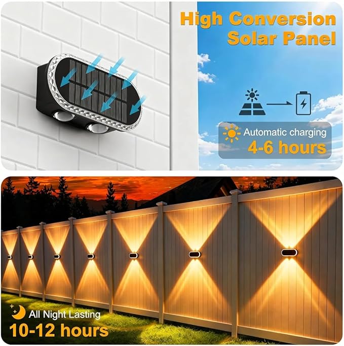 Solar Fence Lights Up Down: Led Solar Wall Lights Outdoor Ip65 Waterproof - 1200mah Dusk-to-Dawn Fence Lighting 3000K 4000K 6000K - Easy Install for Backyard Patio Porch 2-Pack