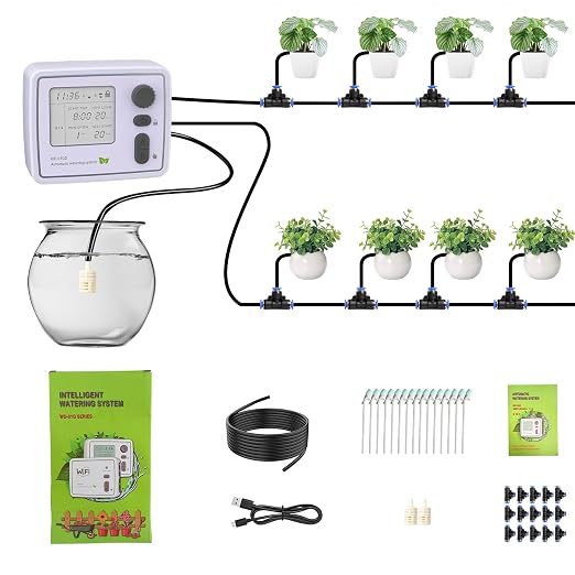 BZONE Dual Channel Automatic Watering System, Timer Drip Irrigation Kit for 20 Potted Plants, with Adjustable Programs & 3 Power Levels, 20 Emitters, 15M Hose for Indoor Garden