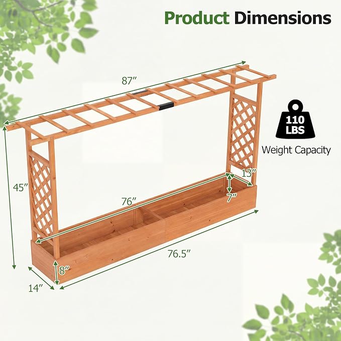HAPPYGRILL Raised Garden Bed with Trellis, Freestanding 45" Wood Planter Box w/Hanging Roof & 8 Drainage Holes for Vine Climbing Plants Flowers, Outdoor Wood Elevated Garden Bed for Patio Yard, Orange