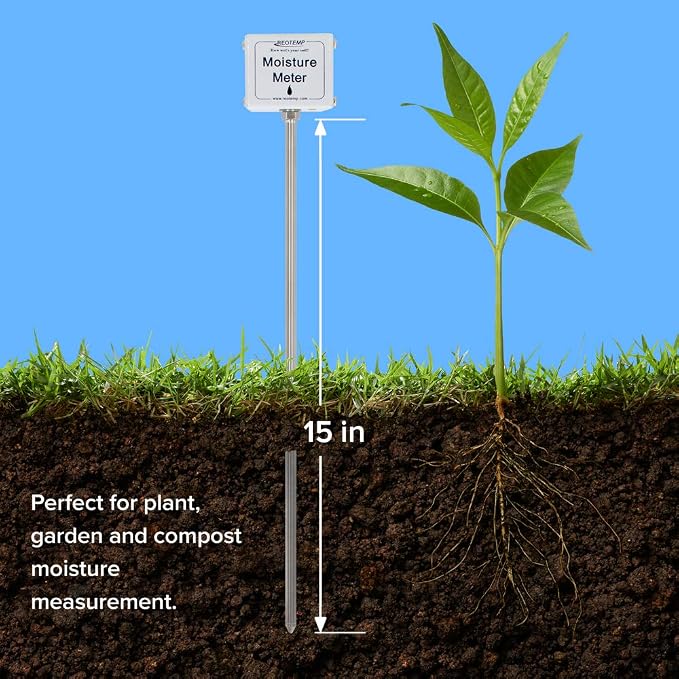 Reotemp 15 Inch Garden and Compost Moisture Meter, Garden Tool Ideal for Soil, Plant, Farm and Lawn Moisture Testing