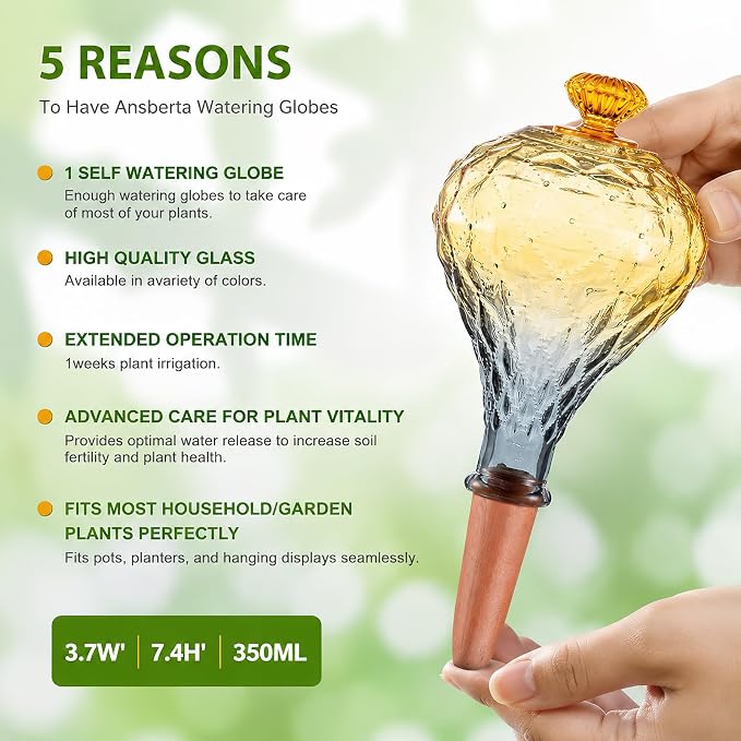 12 oz Plant Watering Globes, Yellow Glass Self Watering Bulbs Top Fill with Terracotta Spikes Stake, Self Watering Planter Insert Vacation Automatic Plant Waterer Device for Indoor & Outdoor