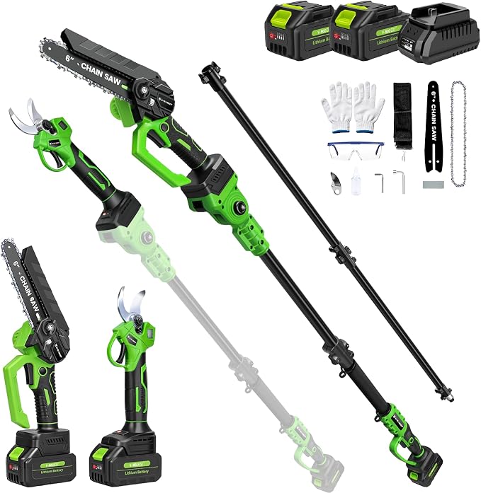 4-in-1 Electric Pole Saw & Pruning Shears, 6 Inch Pole Saws for Tree Trimming, Cordless Pruning Shears with Lightweight 15ft Extension Pole, 2 * 4.0Ah Battery Powered Pole Saw Pole Pruner for Garden