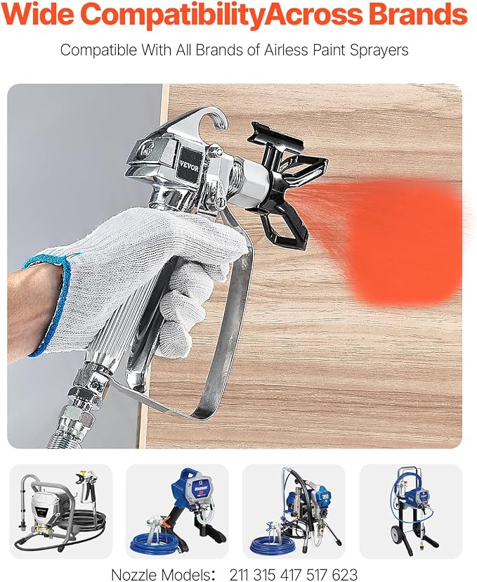 VEVOR Airless Paint Spray Gun, 3600PSI High Pressure Airless Paint Sprayer Gun with 5 Tips, 211, 315, 417, 517, 623, Swivel Joint Airless Spray Gun Kit with Filters, Cleaning Needle and Brush