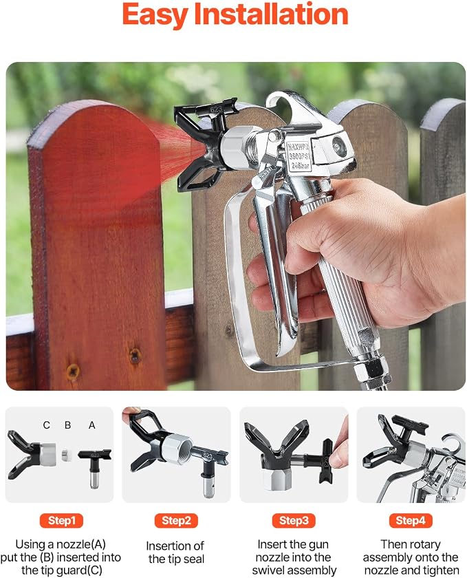 VEVOR Airless Paint Spray Gun, 3600PSI High Pressure Airless Paint Sprayer Gun with 5 Tips, 211, 315, 417, 517, 623, Swivel Joint Airless Spray Gun Kit with Filters, Cleaning Needle and Brush