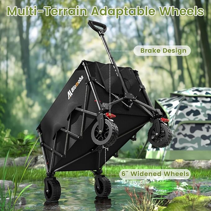 Blomoba Collapsible Wagon Cart, 150L Heavy Duty Foldable Beach Wagon with Wider Wheels & Auto-Rebound Handle, Utility Grocery Shopping Cart for Garden, Shopping, Camping, Sports, Black