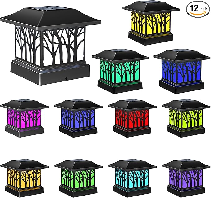 12 Pack Solar Post Cap Lights, Outdoor Fence Solar Powered Cap with 4 Lighting Modes Waterproof Light Decorative for Deck Patio or Garden Decor, Fits 4x4 Wood Vinyl Posts (Tree-Pattern Design)