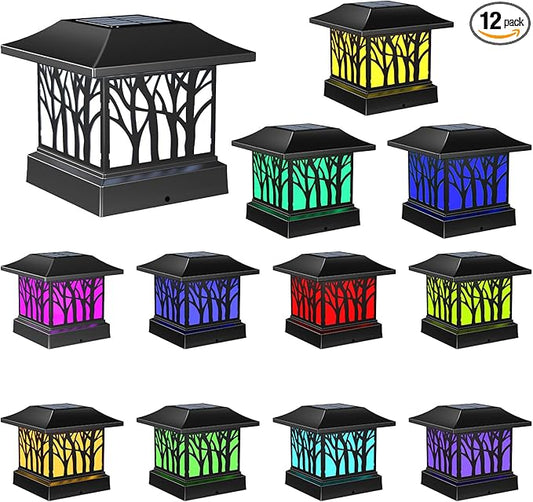 12 Pack Solar Post Cap Lights, Outdoor Fence Solar Powered Cap with 4 Lighting Modes Waterproof Light Decorative for Deck Patio or Garden Decor, Fits 4x4 Wood Vinyl Posts (Tree-Pattern Design)