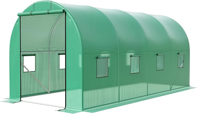 15×7×7Ft Walk-in Tunnel Greenhouse, Galvanized Steel Frame, PE Cover, Zipper Door, 8 Vents, Outdoor Year-Round Plant Shelter