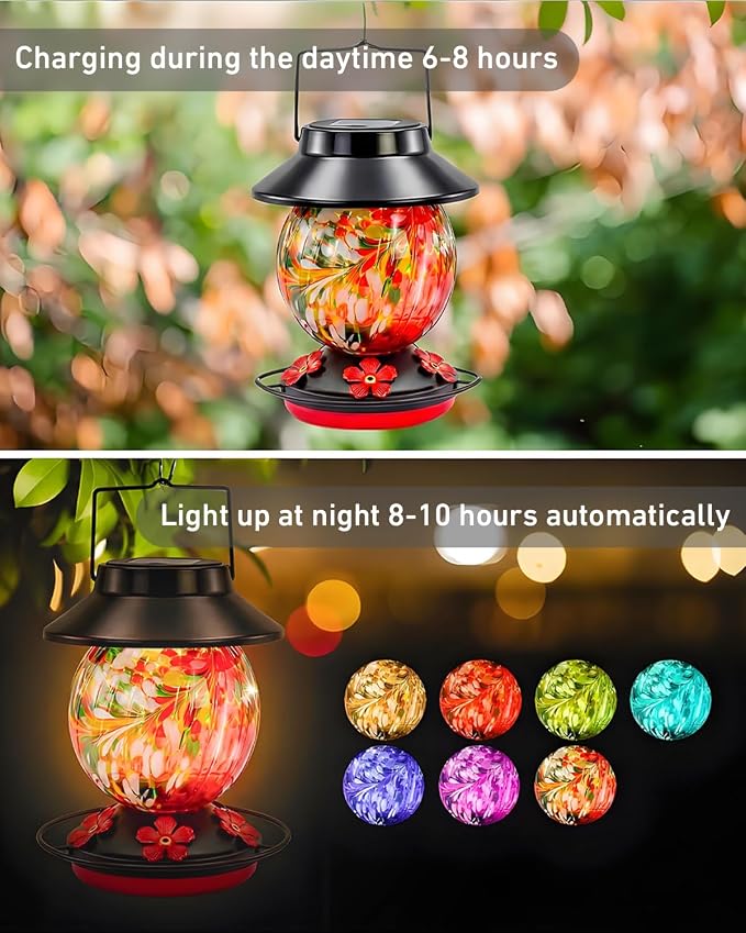 Solar Hummingbird Feeder for Outdoors 24oz Solar Powered Hummingbird Feeder Hand Blown Glass 7 Color Changing for Outdoors Garden Hanging Water-Proof Leak Proof Wild Bird Feeders Gifts for Women Mom