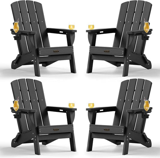 Folding Adirondack Chair Set of 4, HDPE Adirondack Chairs with 2 Cup Holder, Plastic All-Weather Fire Pit Chairs, Outdoor Lawn Chair for Patio Garden (Black)