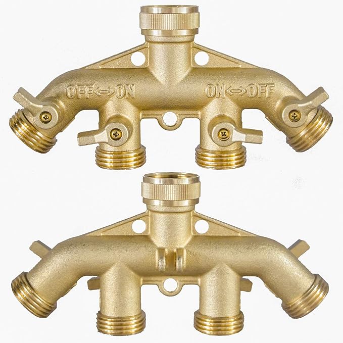 Hourleey Brass Garden Hose Splitter (4 Way), Solid Brass Hose Connector 3/4", Hose Spigot Adapter 4 Valves with 4 Extra Rubber Washers