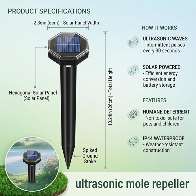8 Pack Mole Repellent Solar Powered,Vole Repellent Outdoor for Yard,Waterproof Ultrasonic Gopher Deterrent Stakes for Mole,Vole,Chipmunk,Groundhog,Armadillo Repeller for Garden Lawns (Black)