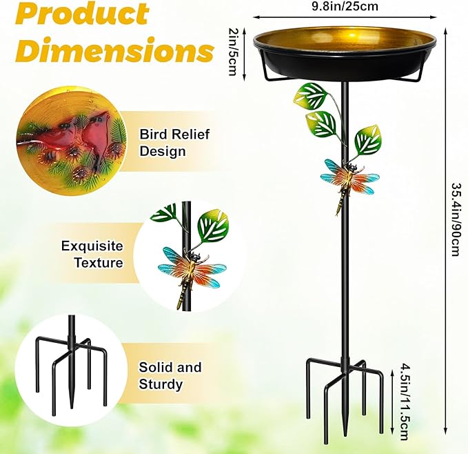 Metal Bird Bath for Outside, Freestanding Garden Birdbaths & Birdfeeder with Upgraded 5 Prongs Base, 35.4In Bird Baths Feeder Water Bowl for Outdoors Patio Yard Lawn Art Decor (Orange-Yellow)