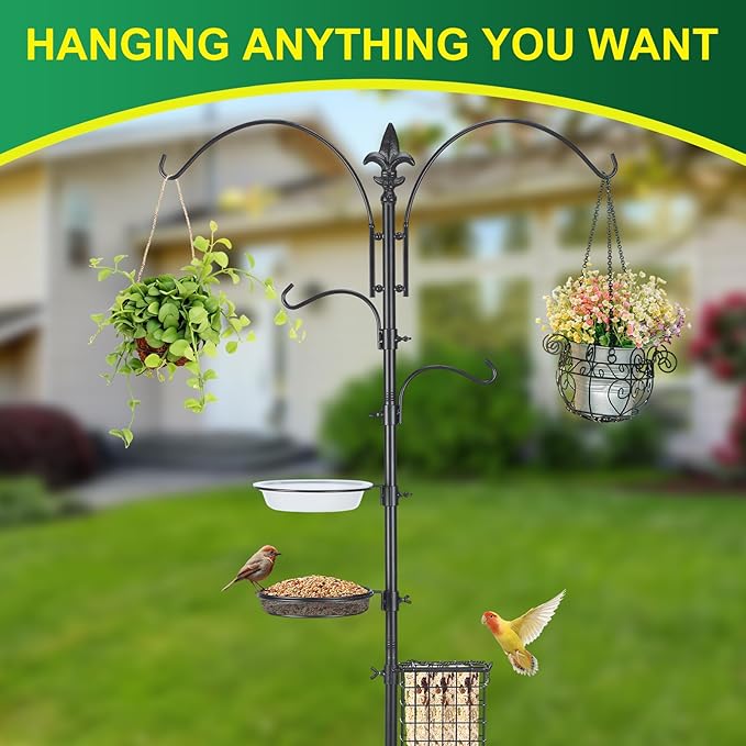 MorningRo Adjustable Shepherd Hook Stand, 34"- 55" Black Iron Shepherd Hook with Base for Plant Hanging, Wind Chime & Bird Feeder - Outdoor Garden Porch Decoration(Classic Style)