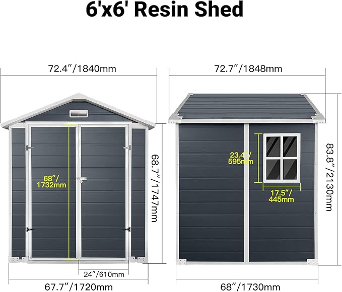 YOPTO 6x6 FT Storage Shed,Plastic Outdoor Storage Shed with Floor and Lockable Door,Waterproof Garden Shed W/Windows & Vents,Sloped Roof,Tool House for Storing Bicycles,Lawnmowers,Cold Grey