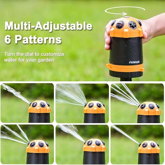 FANHAO Gear Drive Lawn Sprinkler with Metal Spike Base, 6-Pattern Heavy Duty Water Sprinkler System, Multi-Adjustable Irrigation Sprinkler for Large Yard Area Watering, Garden Plant and Flower Bed