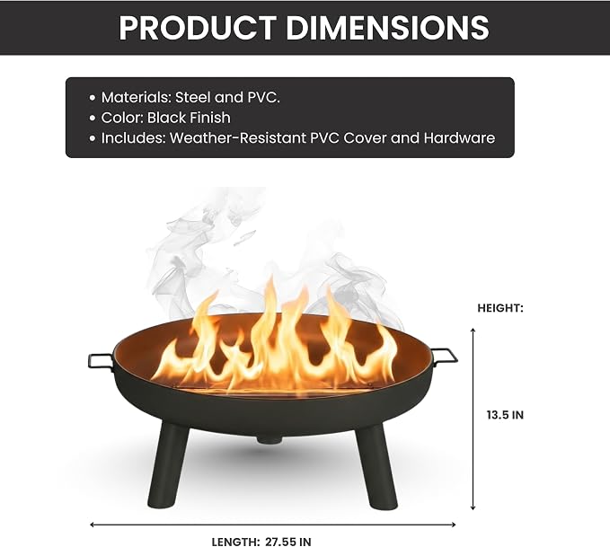 Fire Pit - 27.5-Inch Outdoor Wood Burning Firepit with Handles and Cover - Outdoor Fire Pits for Backyard, Deck, or Patio by Pure Garden (Black)