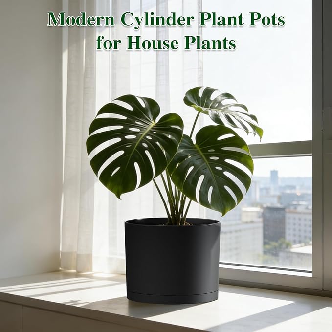 Plant Pots, 10/9/8 Inch 3 Pack Cylindrical Flower Pots with Drainage Holes and Saucers, Plastic Planters for Outdoor Indoor Plants,Black