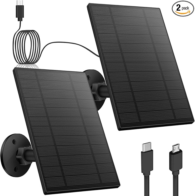 5W Solar Panel for Security Camera, Solar Panel with Micro USB & USB-C Port for DC 5V Outdoor Rechargeable Battery Camera, IP65 Waterproof, 360° Adjustable Security Mount, 9.8ft Cable (2, Black)