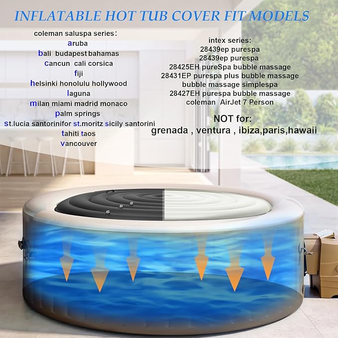 Inflatable Hot Tub Cover Round, Fits Saluspa Coleman Intex Cover, Thermal Insulated & Energy-Saving Weatherproof Protector, Unique Design Flexible Adjust Pool Cover Size Replacement-Life Time Support