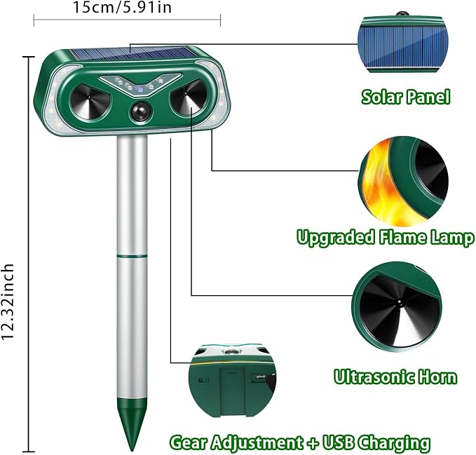 Upgraded Solar Animal Repellent Ultrasonic Outdoor Cat Deterrent Deer Repellent Devices,Waterproof Dog Repeller with Motion Sensor,Flashing Lights,Scare Squirrels Rabbits Raccoons Skunks Garden,2 Pack