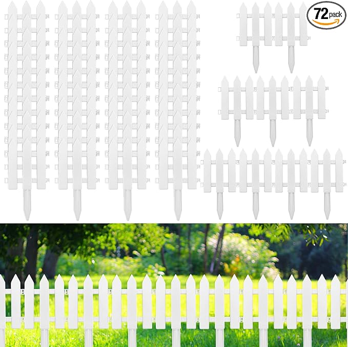 72 Pack White Garden Fence with 72 Insert Lawn Picket Fence Garden Border Decorative Plastic Panels for Landscape Path Flowerbeds Plant Yard, 6.69'' L x 7.87'' H