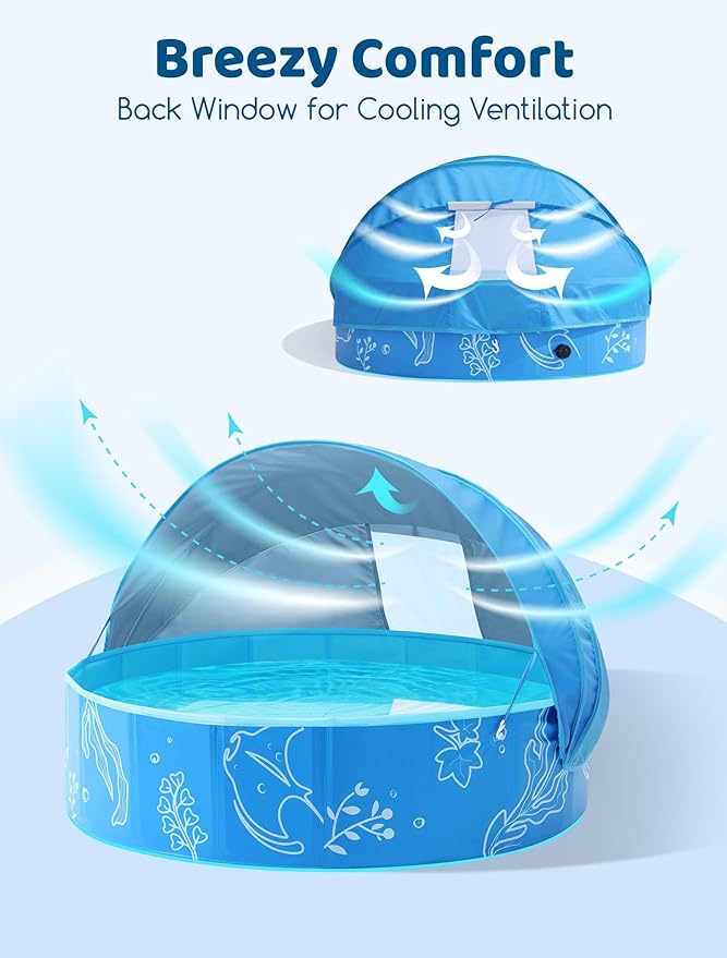 Hikiddy Foldable Kiddie Pool with Canopy: 31.5in/ 47in /63in for Baby Toddler Kids Family - Summer Water Play Pool with Shade - Portable for Outdoor Backyard Beach (Blue-Blue, 47in)