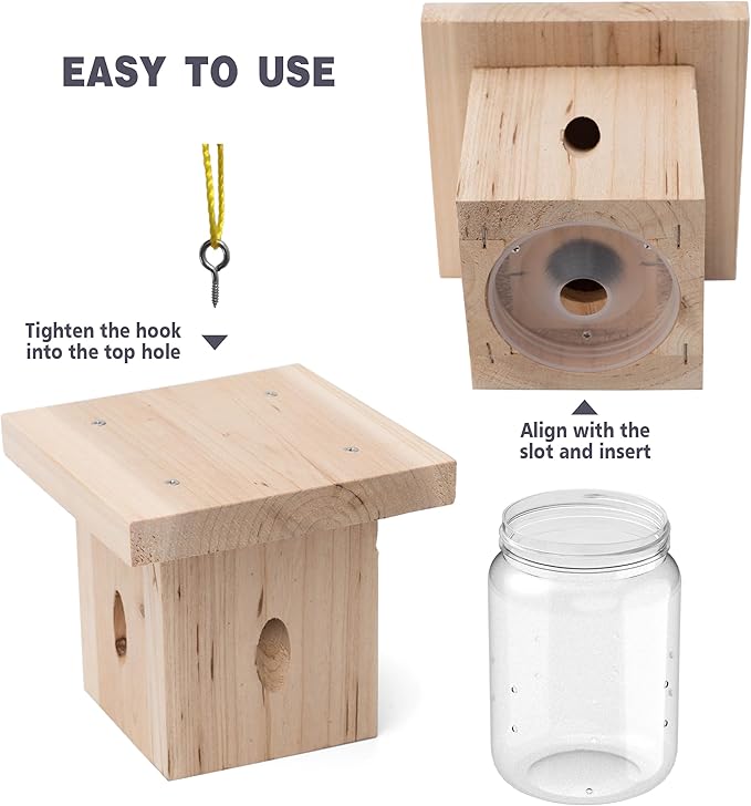 4 PCS Wood Carpenter Bee Trap for Outside - Best Bee Trap - Nature Hanging Carpenter Bee Traps Plastic Jar Outdoor - Insect Traps