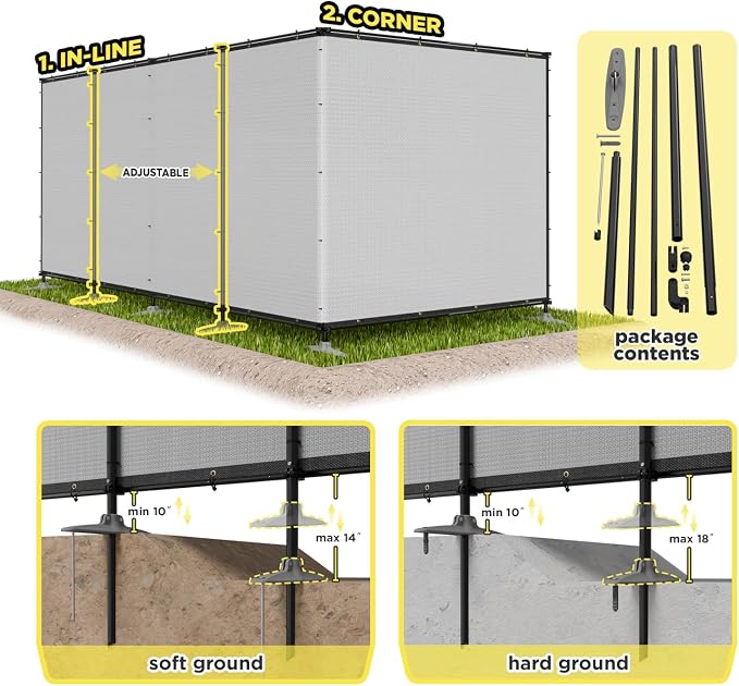 6' x 20' Gray Outdoor Privacy Screen Freestanding 240 GSM Privacy Fence Panels for Outside, Pool Fences with Poles, Backyard Temporary Fencing, Privacy Wall Ground Pole Fence