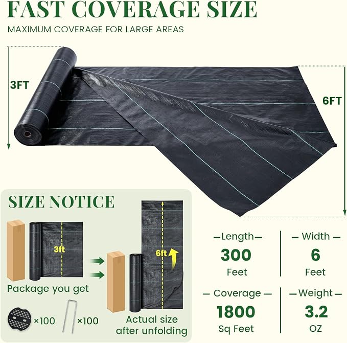 KING BIRD 6FTx300FT Weed Barrier Landscape Fabric w/Stakes & Gasket, 3.2oz Heavy Duty Woven Ground Cover Geotextile Fabric for Flower Garden Bed, Driveway, Pathway, Gravel & Yard Weed Control Mat