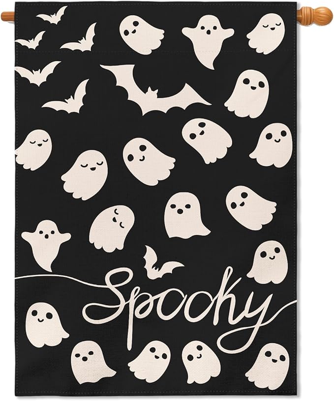 Cute Ghost Halloween House Flag 28x40 Inch Spoohy Black Cream Bat Scary Theme Halloween Holiday Decorative Garden Flags for Outside Double Sided Outdoor Home Farmhouse Decoration Yard Porch Decor