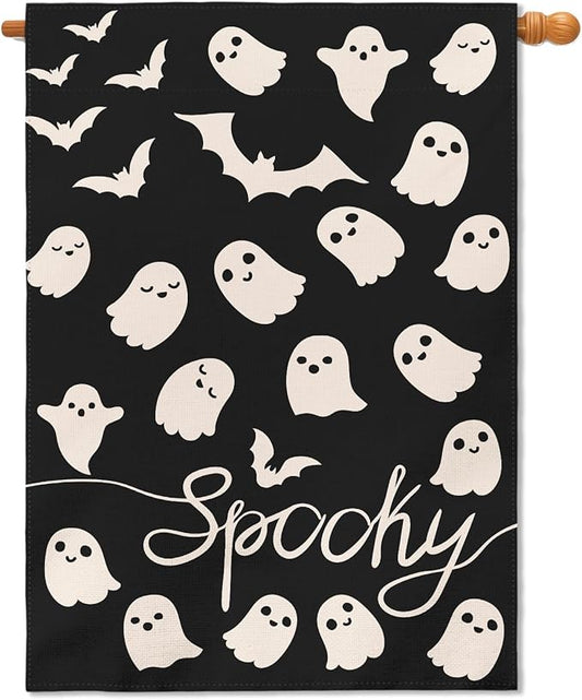 Cute Ghost Halloween House Flag 28x40 Inch Spoohy Black Cream Bat Scary Theme Halloween Holiday Decorative Garden Flags for Outside Double Sided Outdoor Home Farmhouse Decoration Yard Porch Decor