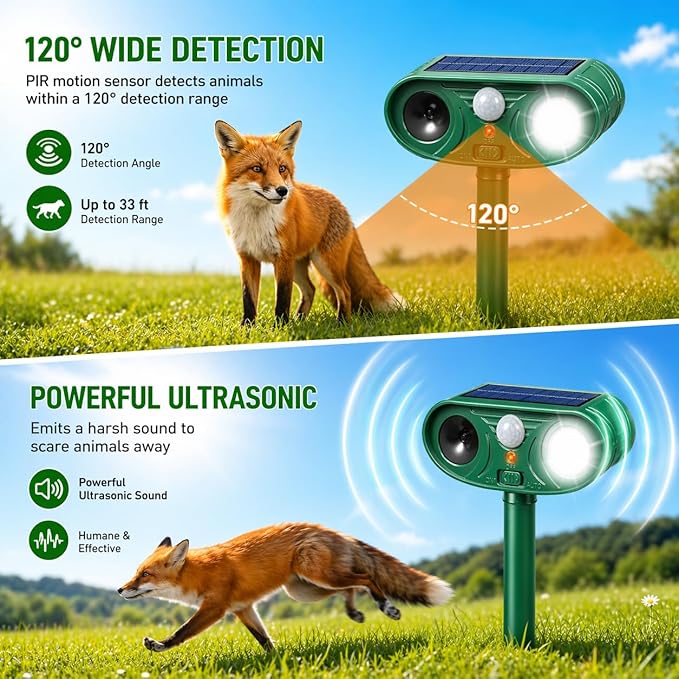 4 Pack Solar Ultrasonic Animal Repeller Outdoor, Cat Deterrent & Deer Repellent Device, Waterproof Squirrel Rabbit Control Deterrent with Motion Sensor & LED Waterproof Cat Deterrent for Garden Yard