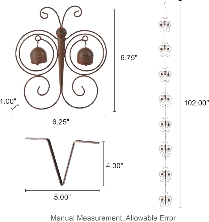 Glitzhome 8.5 FT Rain Chains for Gutters, Butterfly Bells Faux Copper Finish Rain Chains for Outside, Adjustable Rain Catcher Chain with V-Shaped Gutter