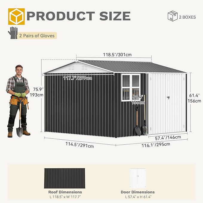 DWVO 10' x 10' Outdoor Storage Shed, Waterproof Metal Garden Shed with Windows, Lockable Doors, and Sloped Roof for Patio, Backyard, Lawn, Tool Storage, Bike Shed, Pet Shelter (Gray + White)